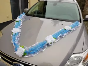 Wedding Hochzeitsdeko Autoschmuck Autogirlande Hellblau Weiß Rosen - Bild 1 von 3