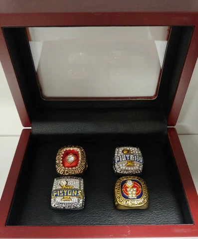 Detroit Pistons - Set of 4 Championship Rings W Wooden Box Dumars Thomas Billups Cover