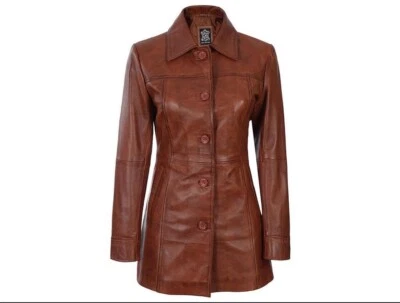 Abrigo largo de cuero real para mujer - Elegante gabardina suave de piel de oveja de 3/4 de largo Foto 1 de 4