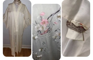 Kimono Bata de Satén Asiática Floral Bordada Salón Largo *Sin Talla Etiqueta Crema - Imagen 1 de 12