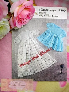 Vintage Crochet Pattern Baby's Christening Gown & Short Dress - Picture 1 of 1