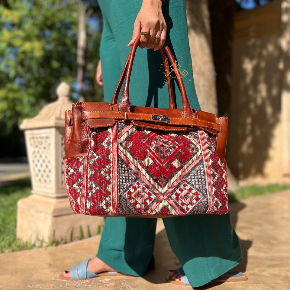 Medium Brown Genuine Leather Shoulder Bag – Handmade Leather & Orange Carpet Bag - Image 1 of 4