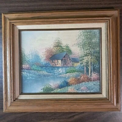 Cuadro al óleo firmado original vintage River Scene House 8x10 12x14 Foto 1 de 4