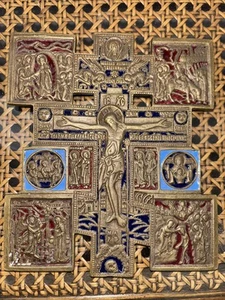 Antikes russisch orthodoxes Messing Emaille Kreuz Bronze schweres Kruzifix 19. Jahrhundert - Bild 1 von 11