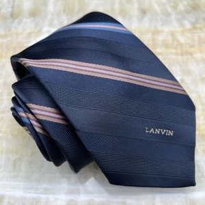 Corbata de seda vintage Lanvin Paris New York azul rosa melocotón motivo rayas - Imagen 1 de 8