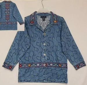 DENIM & CO Colorful Floral Embroidered Denim BOHO Jean Jacket Women's Sz Large - Picture 1 of 8