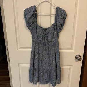 Trixxi Damen Größe M Blau Blumenmuster Puffärmel V-Ausschnitt Rüschen Minikleid E200 - Bild 1 von 6