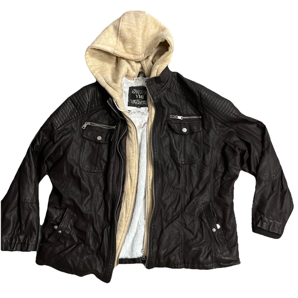 Chaqueta de moto YMI de cuero MARRÓN con capucha extraíble y forro polar suave 2XL NUEVA Foto 1 de 4