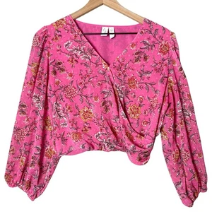 Joie Women’s Floral Faux Wrap Cropped Long Sleeve Top Pink Size L - Picture 1 of 11