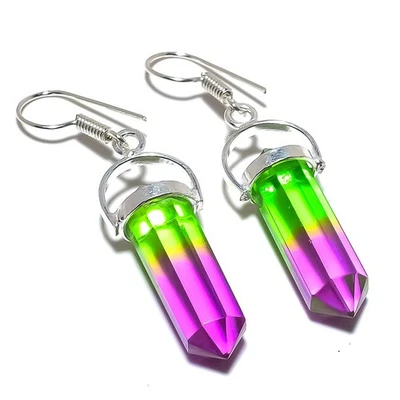 Punto de Navidad - Pendiente de plata de ley 925 con piedras preciosas de turmalina bicolor 1,9" j147 Foto 1 de 4