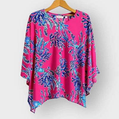 Top Kimono Belle Kim Grava Estampado Playa Rosa Azul Fluido Ligero De Gran Tamaño XL Foto 1 de 4