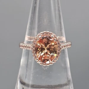 Peach CZ Cocktail Ring Rose Gold Tone Oval Cut Sparkling Halo Thin Band Sz 7 - Picture 1 of 12