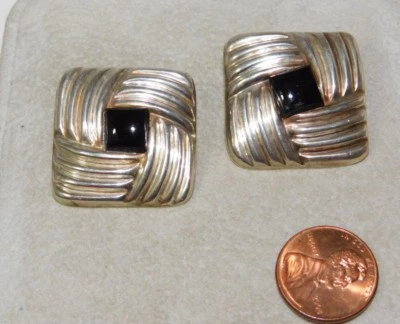 Argento Sterling Onice Nero Intarsio Finestra Riquadro Quadrato Orecchini a Clip - Immagine 1 di 4