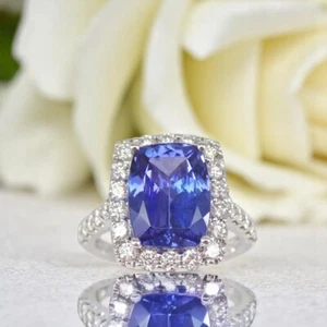 Anillo de compromiso de oro 14K diamante natural 6,16 quilates corte cojín tanzanita cultivada en laboratorio - Imagen 1 de 11