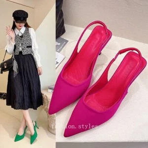 Women Kitten Heel Pointy Toe Party Dress Shoes Pump Slip on Slingback Sandals - Picture 1 of 29