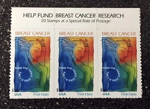 1998USA #B1 32c + 8c Help Breast Cancer Research  Semipostal - Header Strip of 3 - Picture 1 of 1
