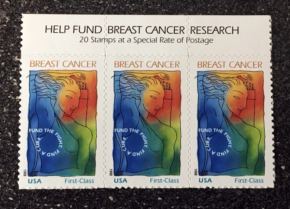 1998USA #B1 32c + 8c Help Breast Cancer Research  Semipostal - Header Strip of 3 - Image 1 of 1