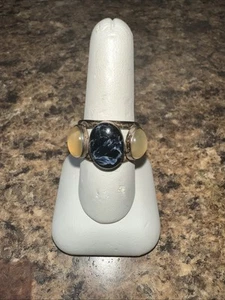 925 Silver Natural Moonstone & Black Kyanite Artisan Stackable Ring Jewelry Sz 8 - Picture 1 of 9