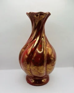Grande vaso vintage a costine firmato numerato datato arti e mestieri ceramica oro rosso - Foto 1 di 8