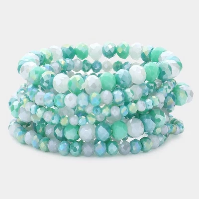 9-Piece Aqua Green & Iridescent Faceted Bead Stretch Bracelet Set for Women - Image 1 of 2