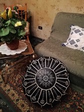 Pouf marocchino scuro in pelle, poggiapiedi,ottomano, sgabello,Rotondo
