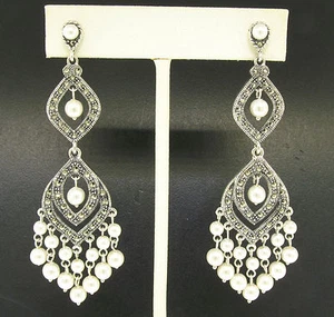 Marcasite Sterling Silver Large Long Dangle Chandelier White Pearl Earrings  - Picture 1 of 3