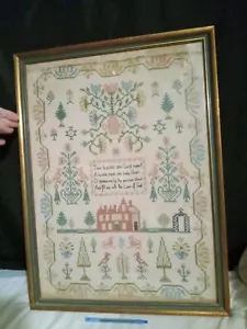 "Antiguas FLORES ÁRBOLES Perros casa PÁJAROS MUESTRADOR DE POEMAS 25x18.5" - Imagen 1 de 15