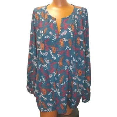 Blusa Lane Bryant Mujer Plus 22/24 Verde azulado floral cuello en V cabaña boho suroeste Foto 1 de 4