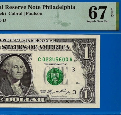 2006 $1 Federal Reserve Note PMG 67EPQ Up ladder  02345600 fancy serial - Image 1 of 3
