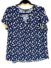Short Sleeve Blouse Hillary Radley Sz. L Reg. Blue & White Print V-Neck Rayon
