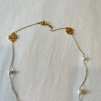 Tory Burch Logo Gold Silver Plated Tone Kira Pearl Necklace - Image 1 of 4