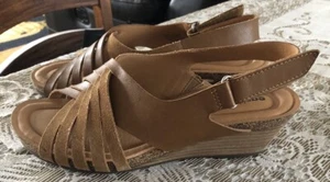 Earth Hartie Women’s Natural Brown Leather Suede Low Wedge Sandal US 8M VGUC - Picture 1 of 18