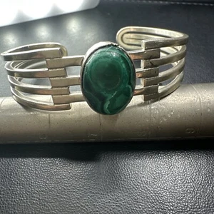 Vintage Sterling Silver Cuff Bracelet Green Turquoise Stone 6.5” .925 Unsigned - Picture 1 of 13