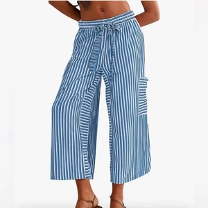 NUOVO pantalone blu a righe gamba larga vestibilità ampia palazzo pants L - Foto 1 di 6