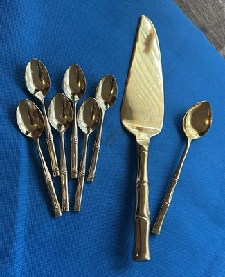 Colher Oxford Hall Gold Plate Demitasse conjunto de 6 + colher Sugar Bowl + servidor de bolo - Imagem 1 de 2