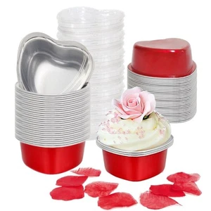 Heart Shaped Cake Pans for Baking with Red Petals, 50 Sets Aluminum Cupcake C... - Picture 1 of 6