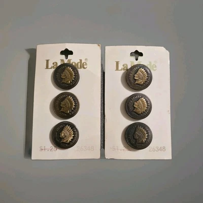 Vintage La Mode Shank Buttons Indian Head NOS 2 Cards 18.8 mm 3 Pcs Antique Gold - Image 1 of 4