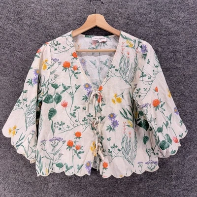 Blusa Mujer Laura Ashley S Pequeña Blanca Floral Cuello en V Borlas Atar Lino Foto 1 de 4