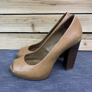 Tory Burch Cantrelle Peep Toe Women’s US 6 Block High Heel Shoes Leather Tan - Picture 1 of 12