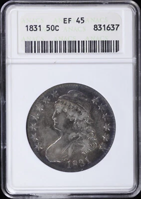 Medio dólar de plata busto tapado 1831 50c ANACS EF 45 (XF) soporte para caja de jabón Foto 1 de 4