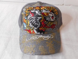 Ed Hardy Gray Embroidered Trucker Snapback Tiger Fork Tongue Crown Skulls - Imagen 1 de 11