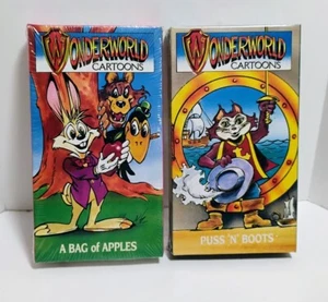 1990 WONDERWORLD CARTOONS VERSIEGELT VHS LOT PUSS 'N' BOOTS & EINE TÜTE VOLLER ÄPFEL - Bild 1 von 5