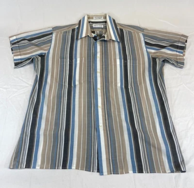 Camisa Pierre Cardin Para Hombres Abotonada Manga Corta Cuello Rayas Azul y Marrón Foto 1 de 4
