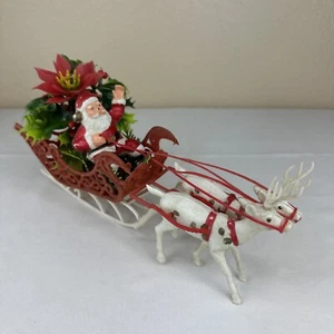 Vtg Plastic Santa Table Top BLOW MOLD Reindeer Flocked Sleigh Holly 12" Long - Picture 1 of 9