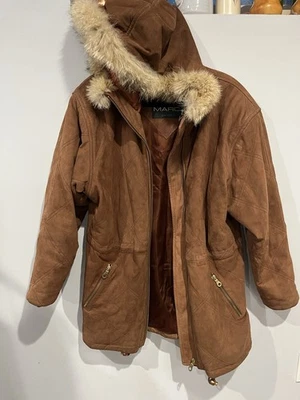 Marc New York M Heavy Brown Leather Coat Coyote Fur Hood Zip Jacket Adjustable - Image 1 of 4