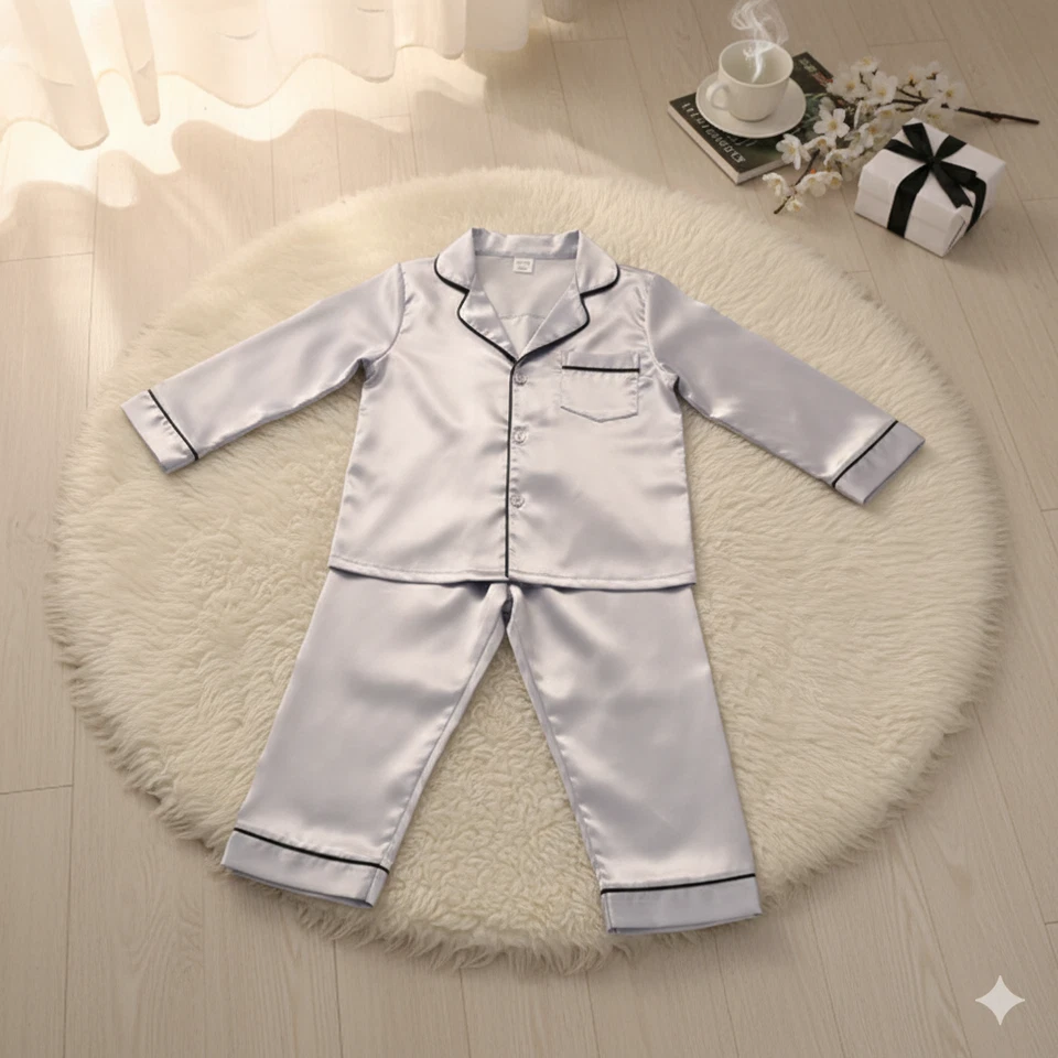 Conjunto de pijama de satén para niños con botones manga larga ropa de dormir pijama suave sedoso Foto 1 de 1