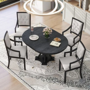 Retro Black Oak 5-Piece Dining Set Extendable Round Table & 4 Chairs - Picture 1 of 23