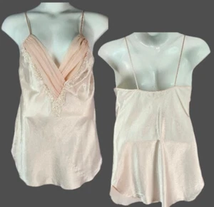 VTG Cami Slip Dress Top Sz M Lace Satin Peach Coquette Dainty Chiffon Round Hem - Picture 1 of 11