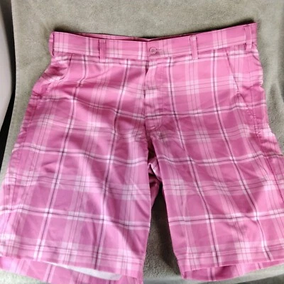 Antigua Bermuda Shorts Womens Size 36 Pink Flamingo Plaid Zip Pockets Performanc - Image 1 of 4