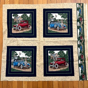 Cranston antique car automobile map quilt pillow cheater fabric 4 squares H - Picture 1 of 5